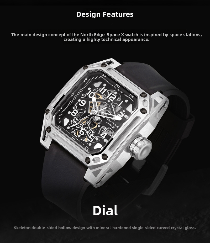 Square Mechanical Watch For Men Stainless Steel Luminous Skeleton_voghion.com