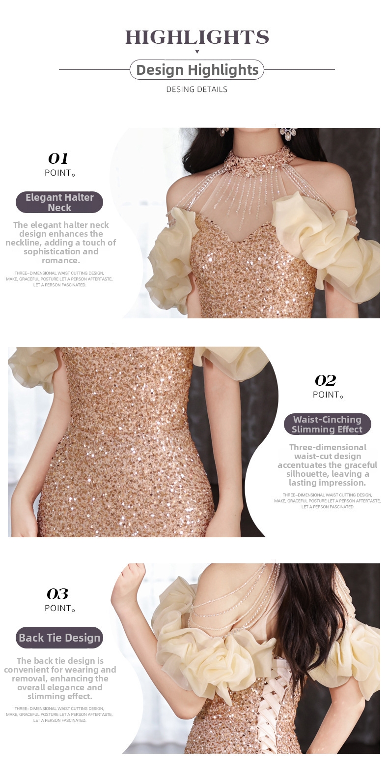 Gold Evening Gown New Style French Sequined Waist Cinching Mermaid Skirt Toasting Banquet Dress Art Exam Wear For Women_ecoleips.com