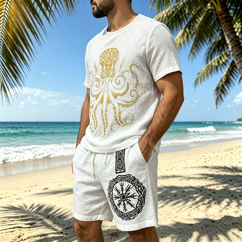 Men's Textured Short Sleeve T-Shirt And Shorts Set Casual Summer Outfit Retro-Inspired Prints_viptrois.com