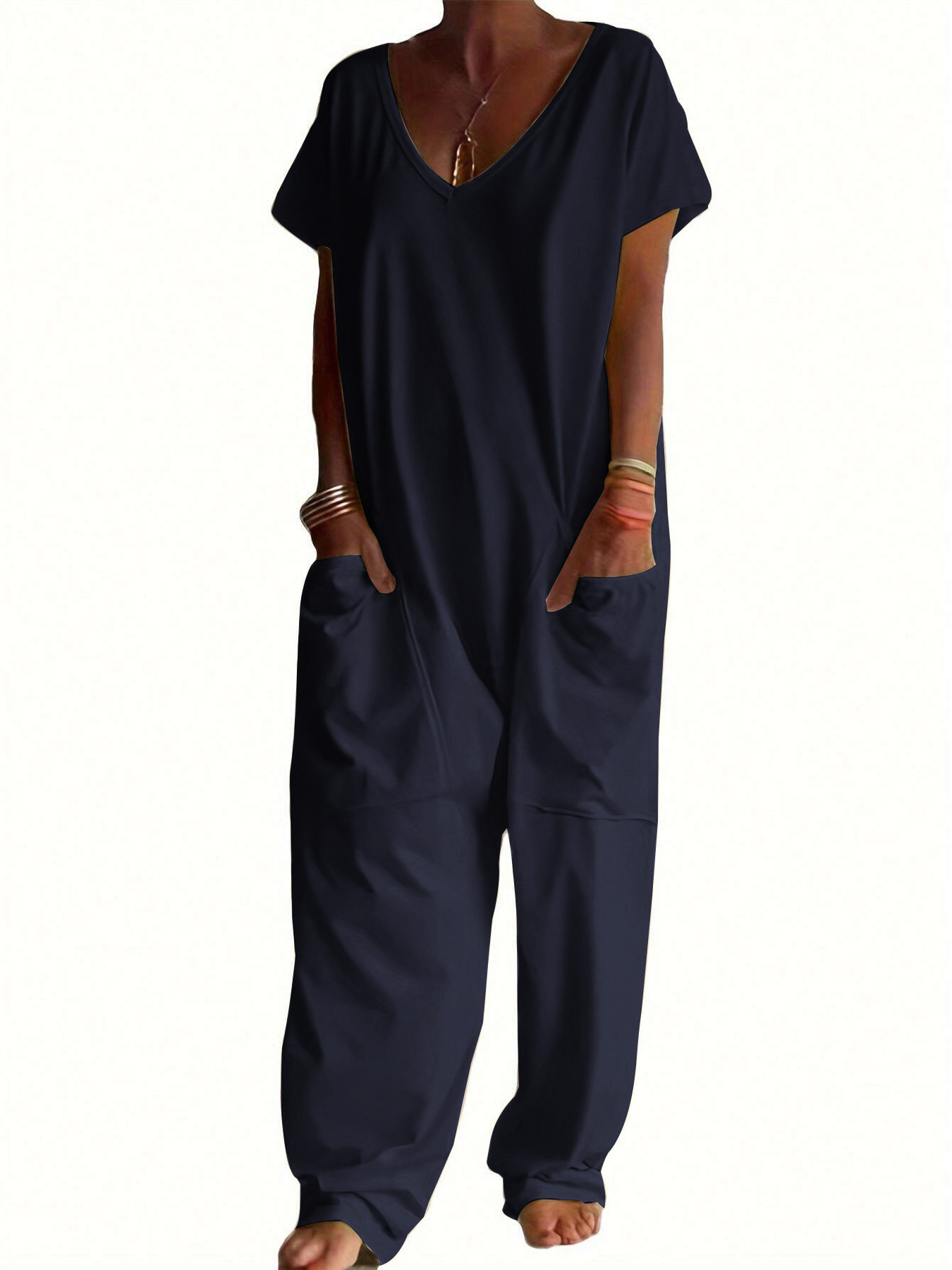 Women's Jumpsuit Solid Colour V Neck Oversized Pockets Summer Style_voghion.com
