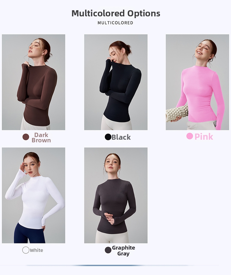 Women's High-Neck Long Sleeve Yoga Top Seamless Workout Shirt Nylon Spandex Breathable Fitness Training Apparel_ecoleips.com