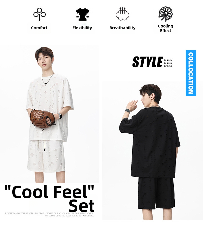 Men's Clothing Men's Ripped Summer Sports Set Thin Casual Trendy Short Sleeved Shorts With Cool Stylish Design_viptrois.com