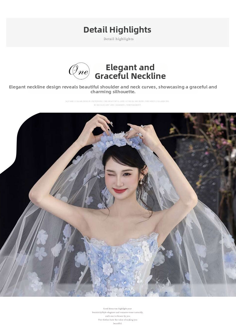 Blue Floral Strapless Evening Gown French Style Niche Emcee Banquet Dress Elegant Subtly Luxurious Princess Dress for Women_ecoleips.com