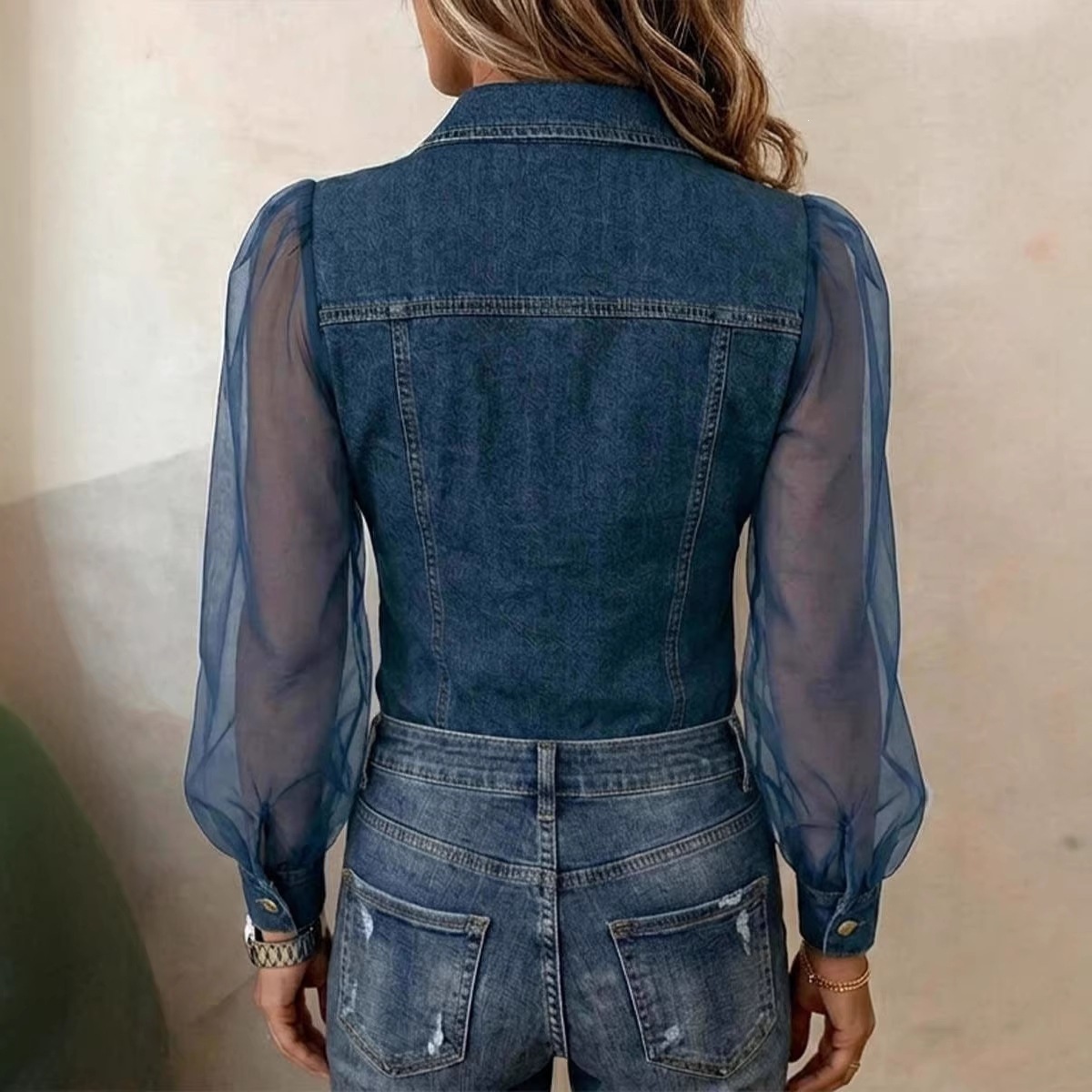 Damenbluse mit V-Ausschnitt, langen Ärmeln, Strickoberteil aus Spitze, lässig-elegante Tunika aus weichem, flexiblem Stoff für den Alltag_voghion.com
