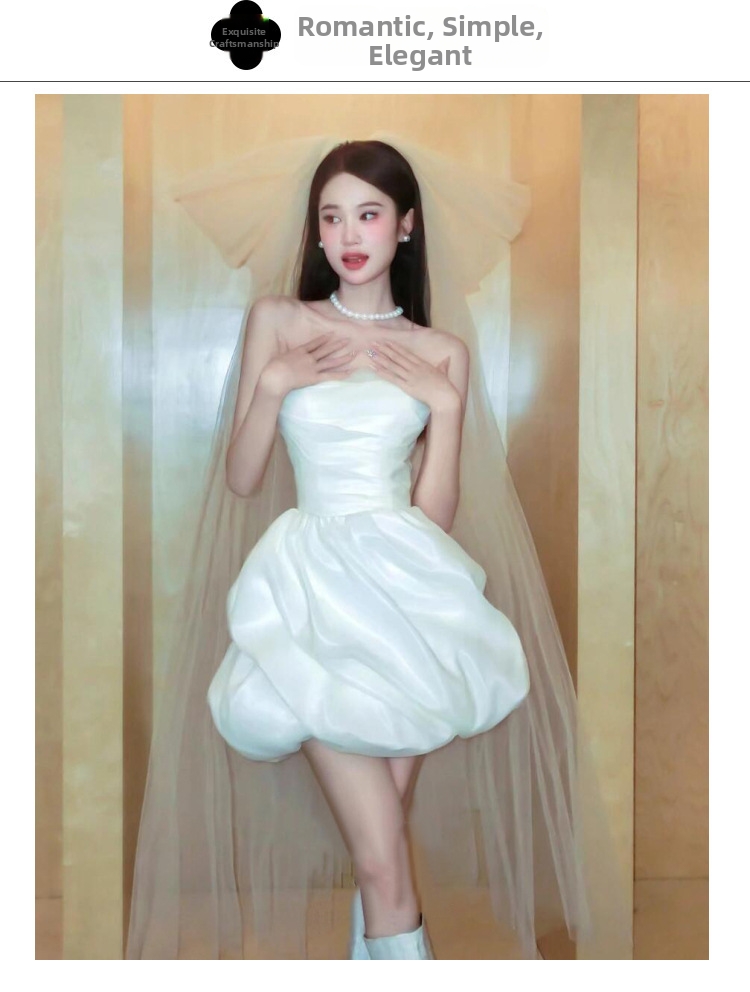 Petite French Style Satin Strapless Wedding Dress White Morning Robe Short Dress for Marriage Registration And Engagement_ecoleips.com