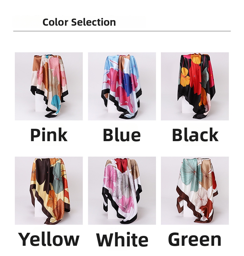 Large Leaf Print Silk Scarf Square Satin Shawl For Women_voghion.com