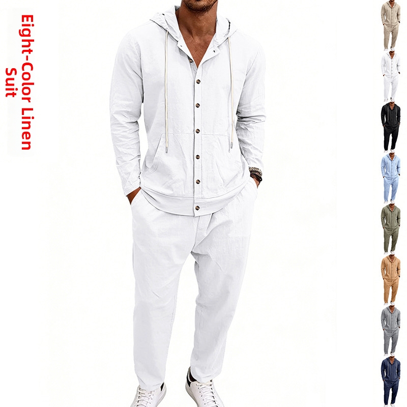 Men's All Season Loose Linen Hooded Long Sleeved Shirt And Trousers Suit Casual Vacation Style Clothing Set_viptrois.com