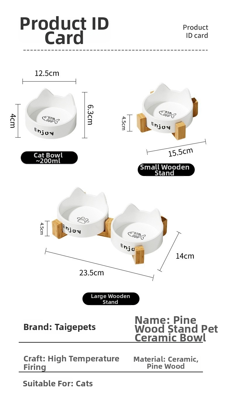 Ceramic Cat Bowl Elevated Pet Feeder With Wooden Stand_voghion.com