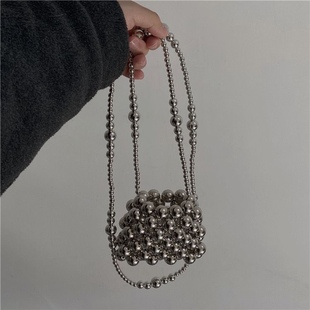 diy Premium Sense Metallic Silver Crossbody Bag Beaded Bag Portable Shoulder Mini Cute Small Bag Pearl Chain Bag