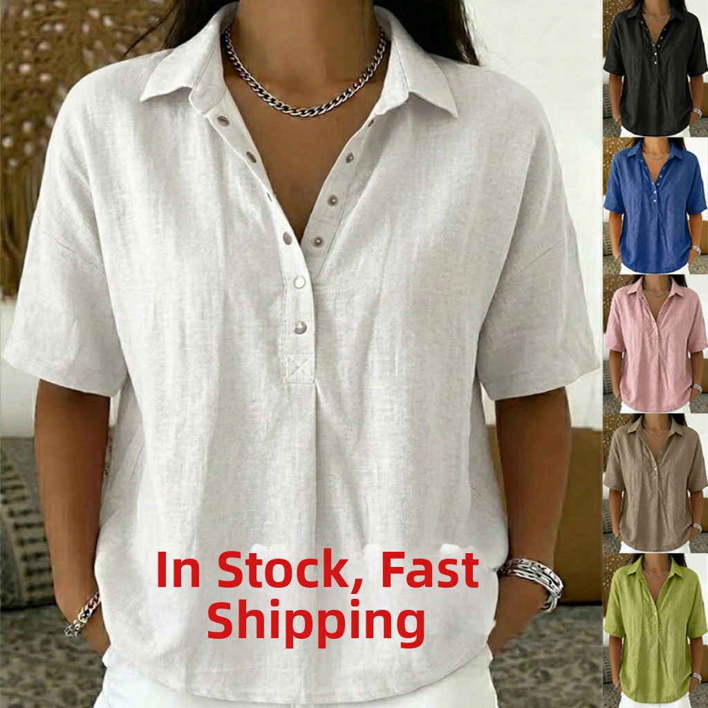 Summer Women's Loose Comfortable T-Shirt Short Sleeve Solid Color Lapel American Style_ecoleips.com