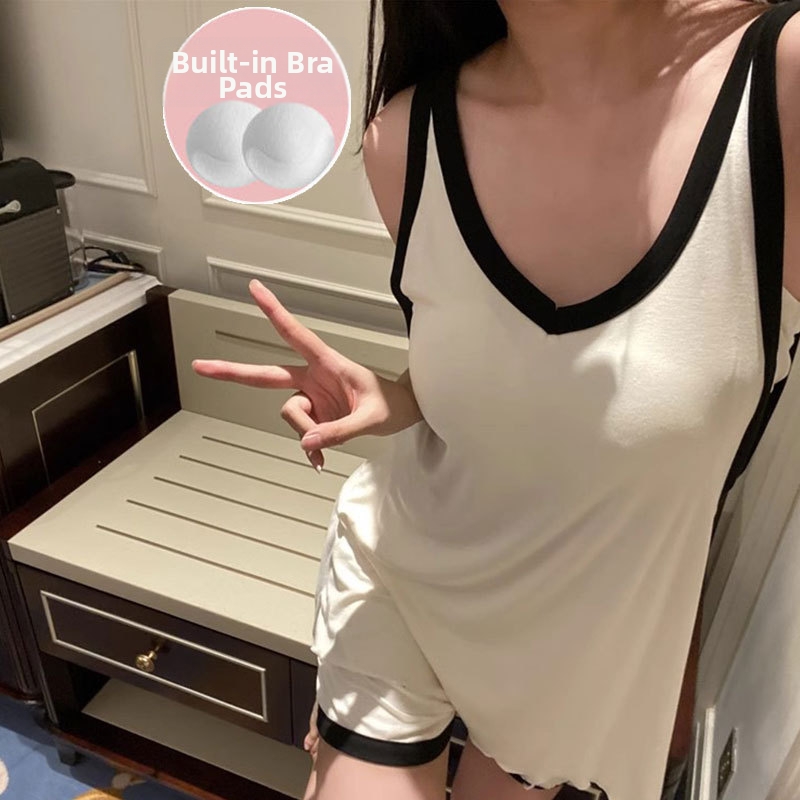 Conjunto pijama verano mujer algodón sin mangas estilo color block_voghion.com
