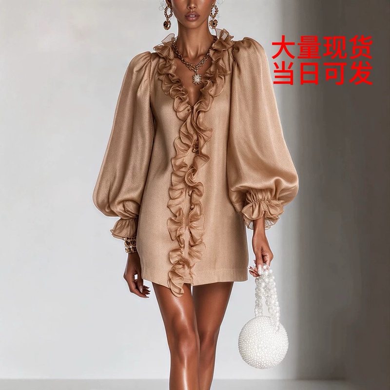 2026 Amazon Independent Store Glossy Sheer Puff Sleeve Short Dress V-Neck Ruffle Light Luxury Atmosphere Dress