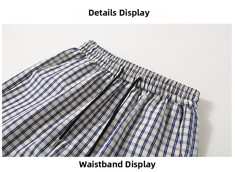 Men's Blue Plaid Straight Leg Shorts Trendy Versatile Summer Thin Striped Casual Sports Bottoms_viptrois.com