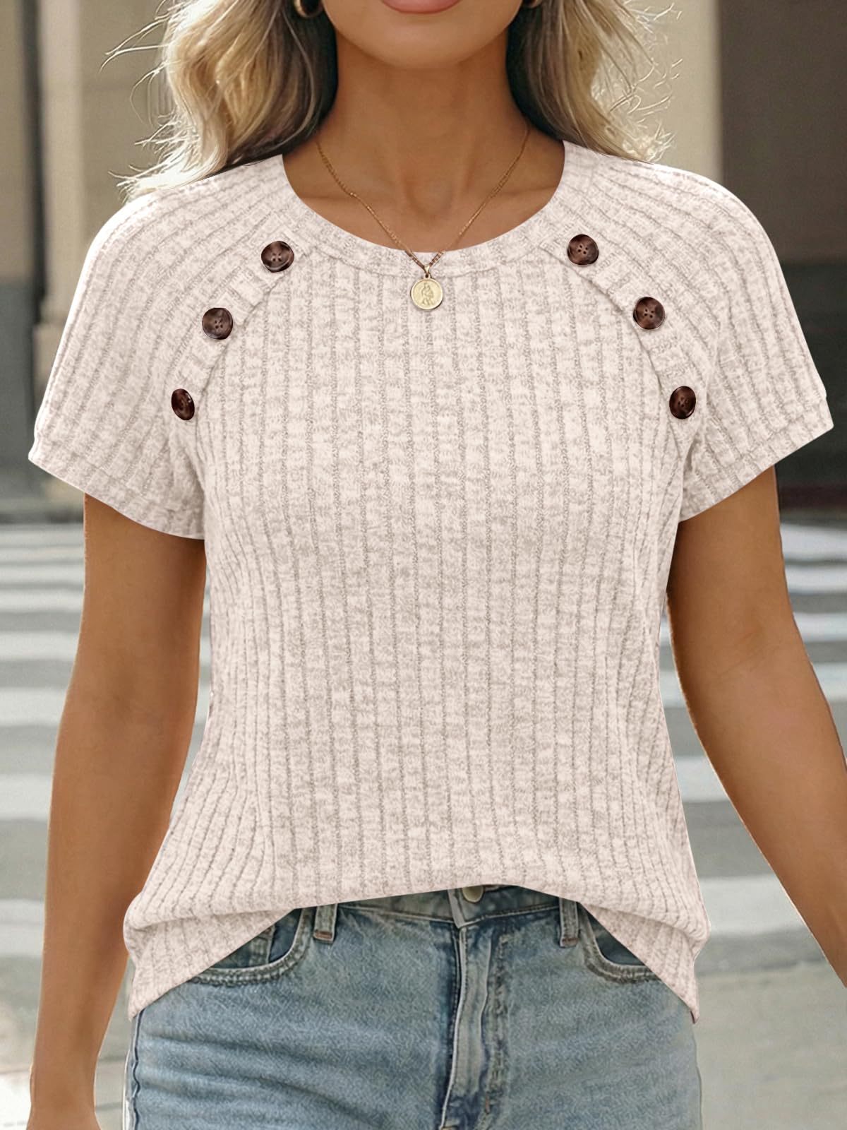 Women's Casual Short Sleeve Top With Ribbed Knit And Button Detail, Relaxed Fit Crewneck Shirt For Everyday Wear_ecoleips.com