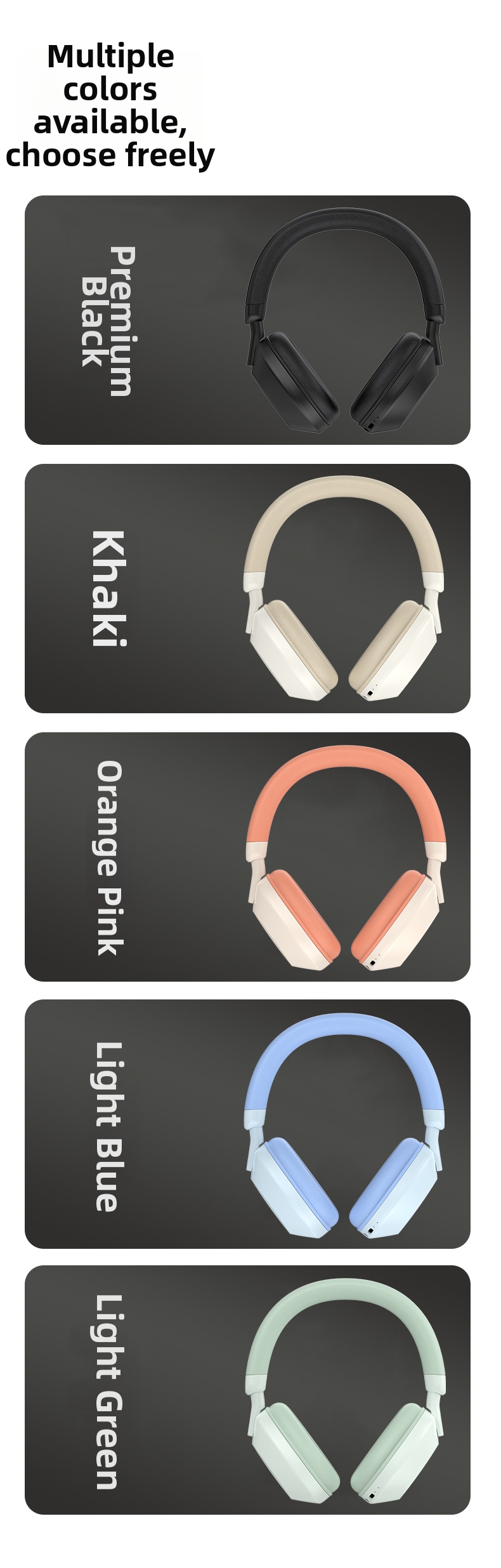 HN-8806 Wireless Bluetooth Headphones – Hi-Fi Stereo, FM Radio, Foldable Design, 20H Playtime (Black/Khaki/Blue/Green/Pink)​_voghion.com