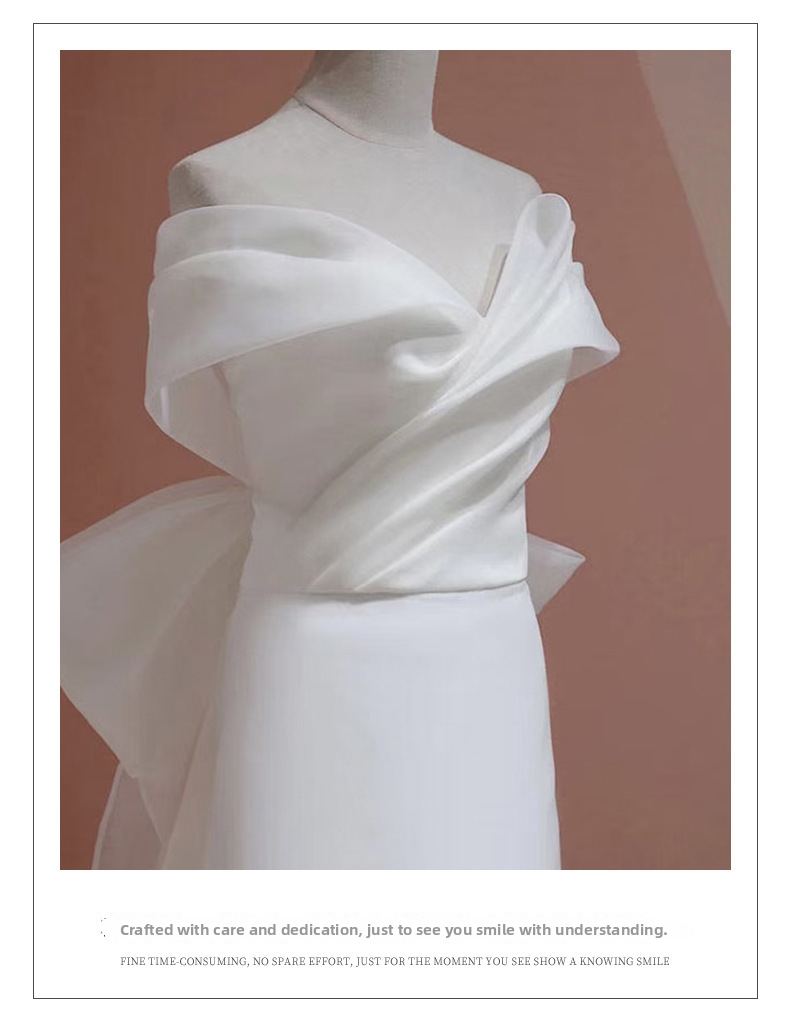 French Mermaid Style Satin Wedding Dress White Vintage Banquet Gown off the Shoulder with Short Train for Travel Photography_ecoleips.com