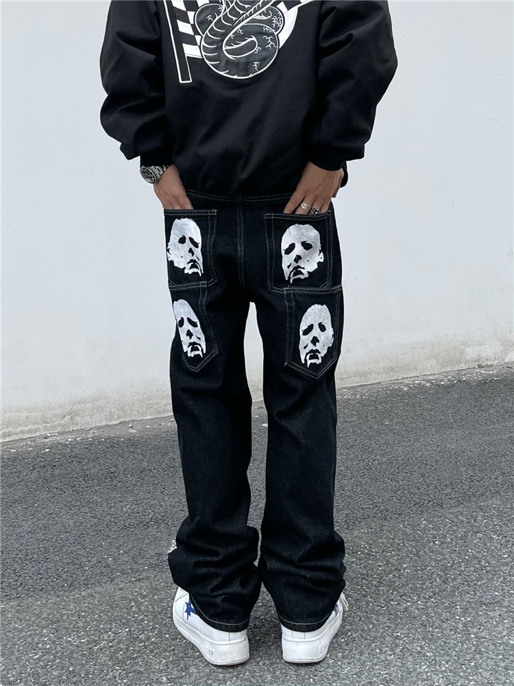 Unisex Streetwear Skull Print Denim Jeans - Loose Fit Straight Leg Hip Hop Pants For Men & Women_mkmklike.com