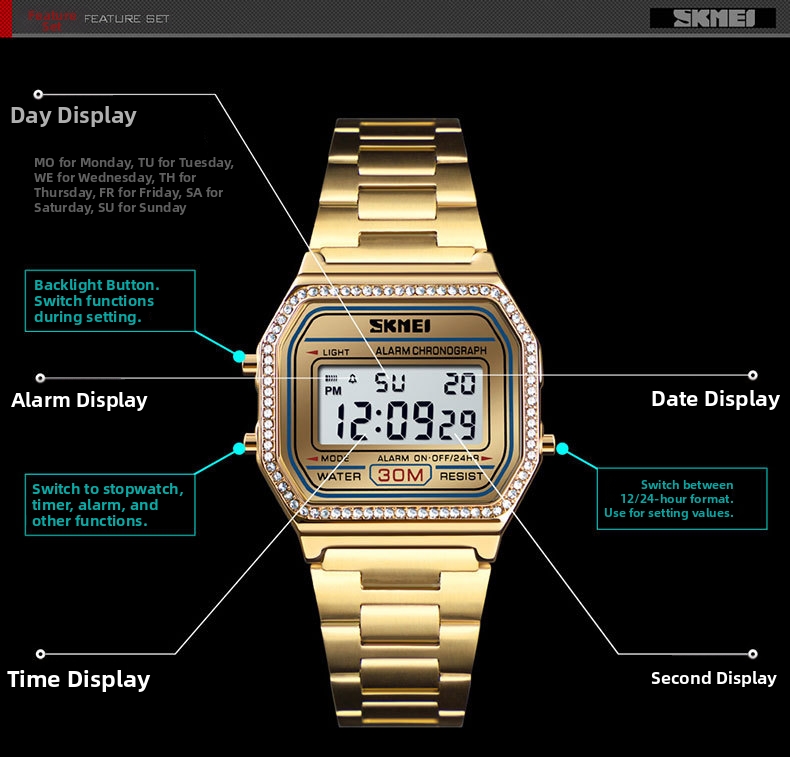 Men's Digital Watch With Square Dial And Steel Strap For Women_voghion.com