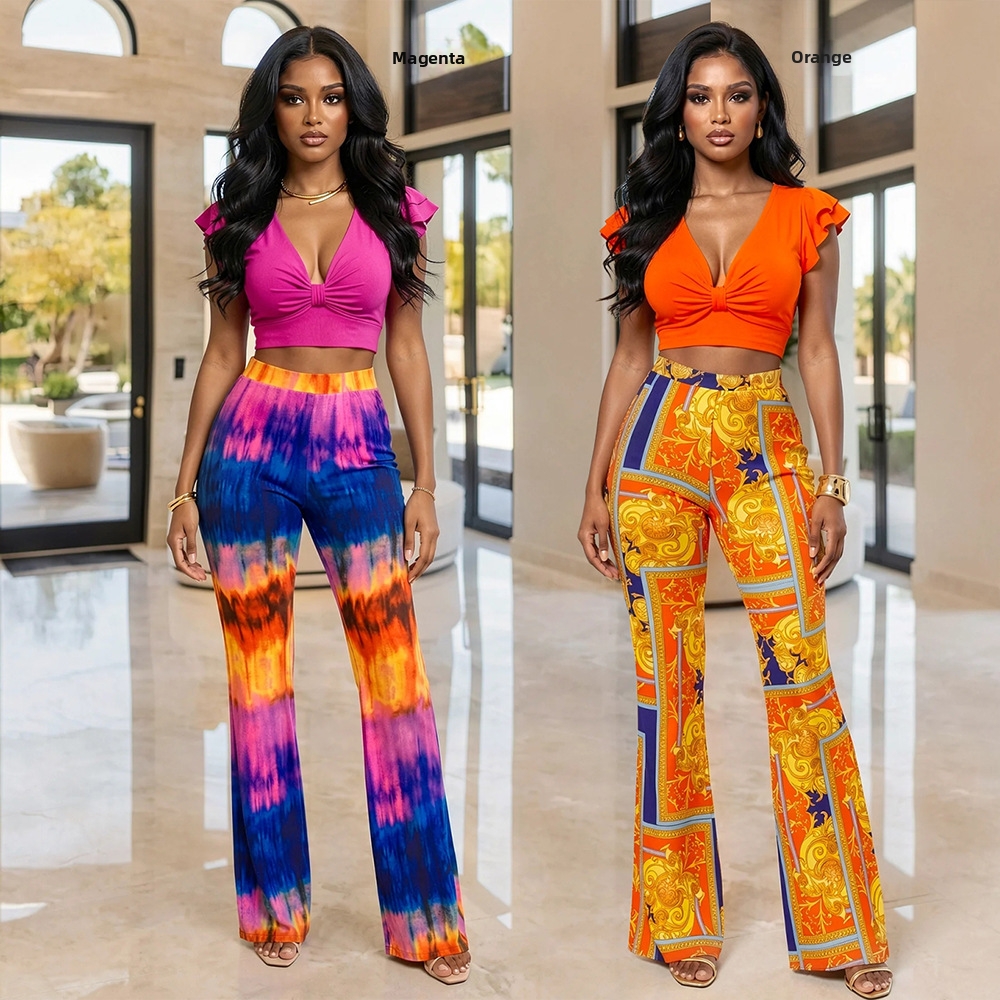 Women's Clothing High Waisted Solid Color Fashion Women's Two Piece Set Paired With Printed Pants Top For Formal & Casual For Women_ecoleips.com