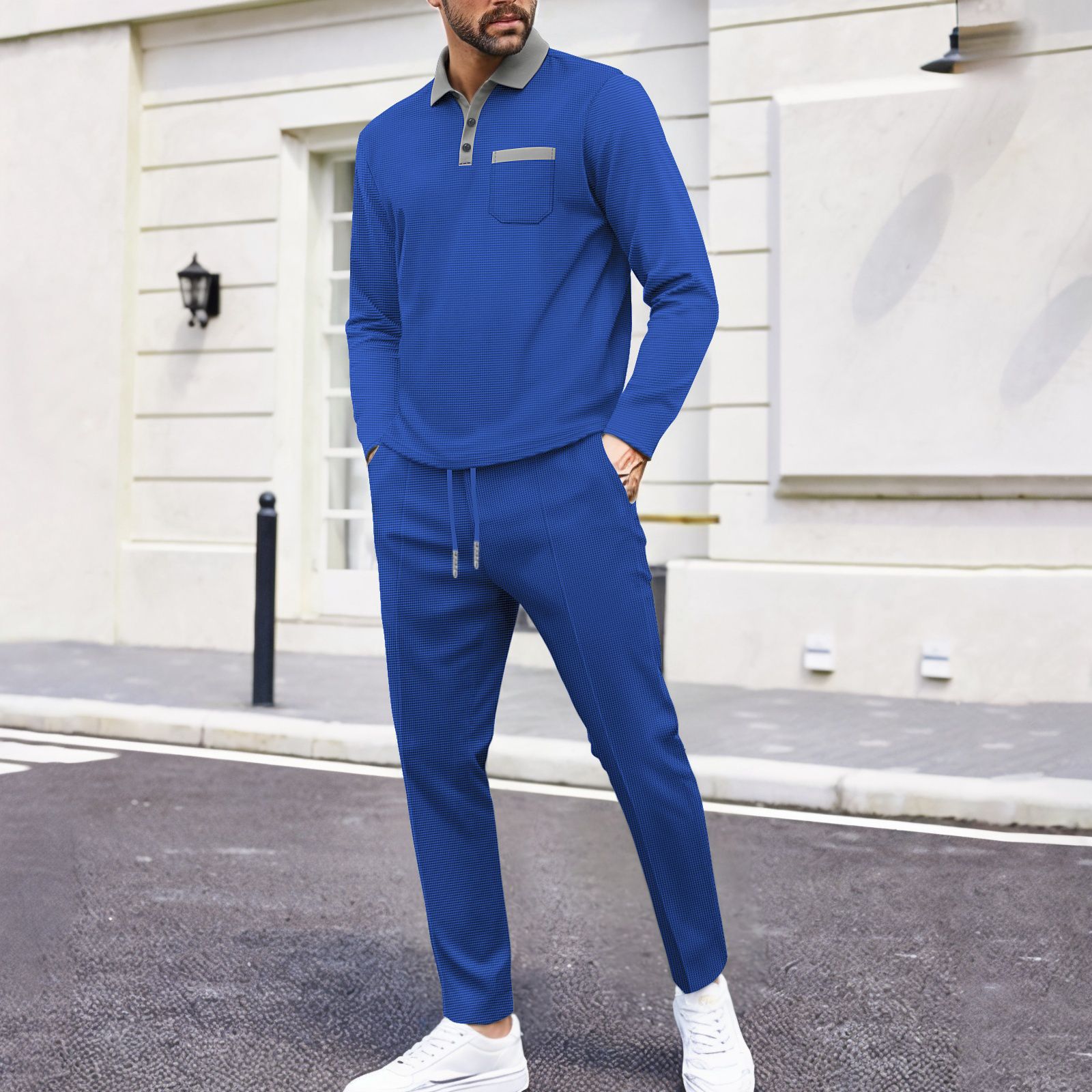 Herren-Loungewear-Set aus Waffelstrick, Langarm-Henley-Shirt und Jogginghose, weiches und atmungsaktives Outfit für Freizeit, Zuhause und leichte sportliche Betätigung_voghion.com