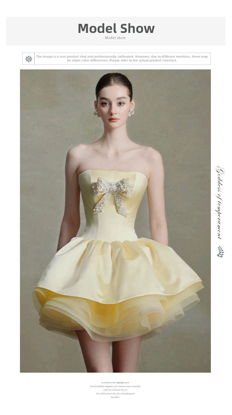 Petite Strapless Evening Gown French Style Bridal Toast Dress Elegant Short Princess Wedding Party Wear for Women_ecoleips.com