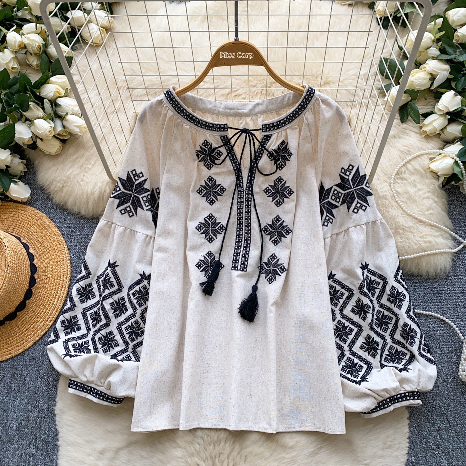 Women's Bohemian Style Tie Waist Blouse Korean Summer Loose Fit Top Heavy Embroidery Lantern Sleeve Slimming Blouse_ecoleips.com