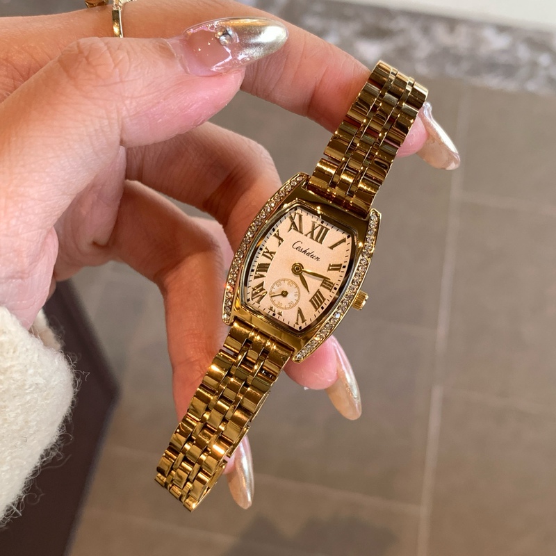 Medieval Steel Strap Barrel-Shaped Watch for Women, Diamond-Encrusted Non-Fading Champagne Gold Watch for Women, Workplace Commuting Gift Medieval Steel Strap Barrel-Shaped Watch for Women, Diamond-Encrusted Non-Fading Champagne Gold Watch for Women, Workplace Commuting Gift