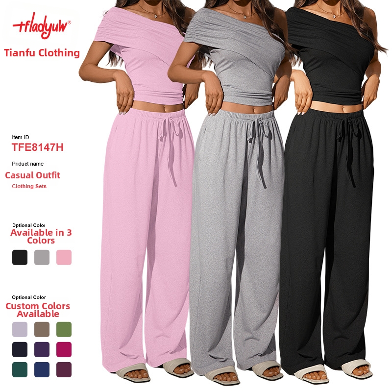 Women's Off-Shoulder Crop Top With High-Waisted Pants Set, Ribbed Knit Two-Piece Outfit For Night Out_voghion.com
