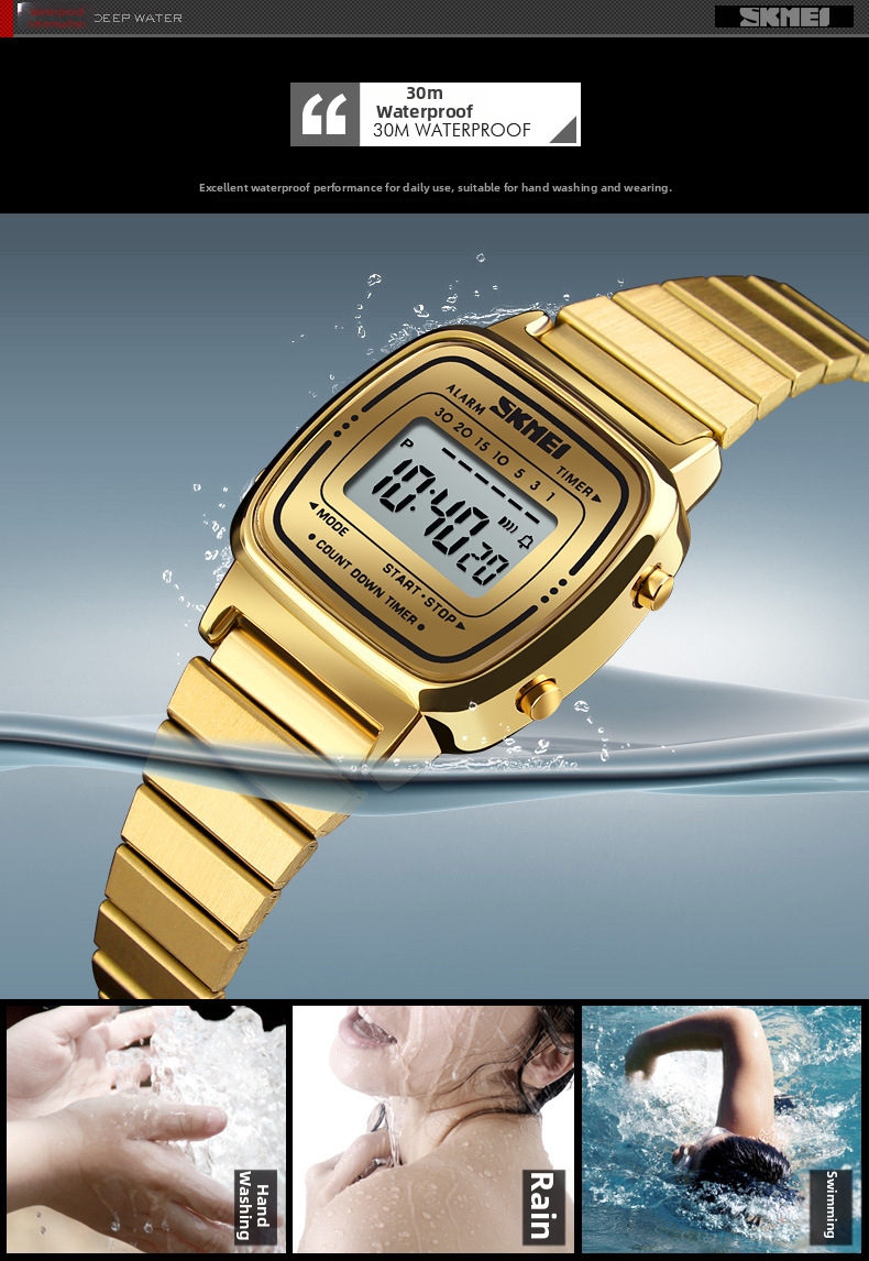 Orologio digitale donna impermeabile oro piccolo quadrante quadrato_voghion.com