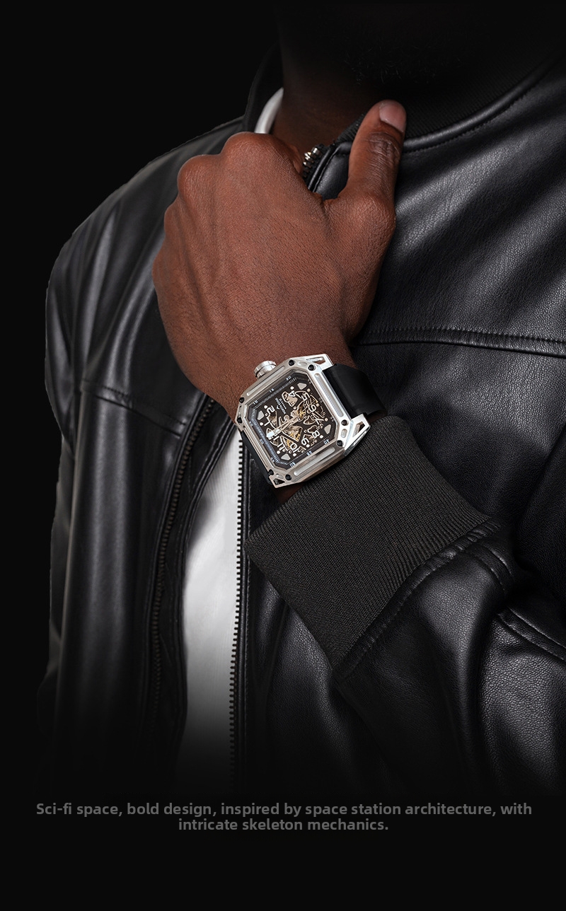 Square Mechanical Watch For Men Stainless Steel Luminous Skeleton_voghion.com