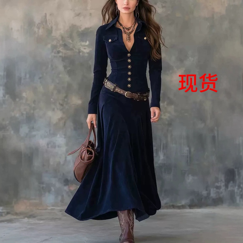 2025 European and American Women's Fashion Independent Brand Buttoned Long-Sleeve Suede Street Style Long Dress Shirt Dress Long Gown