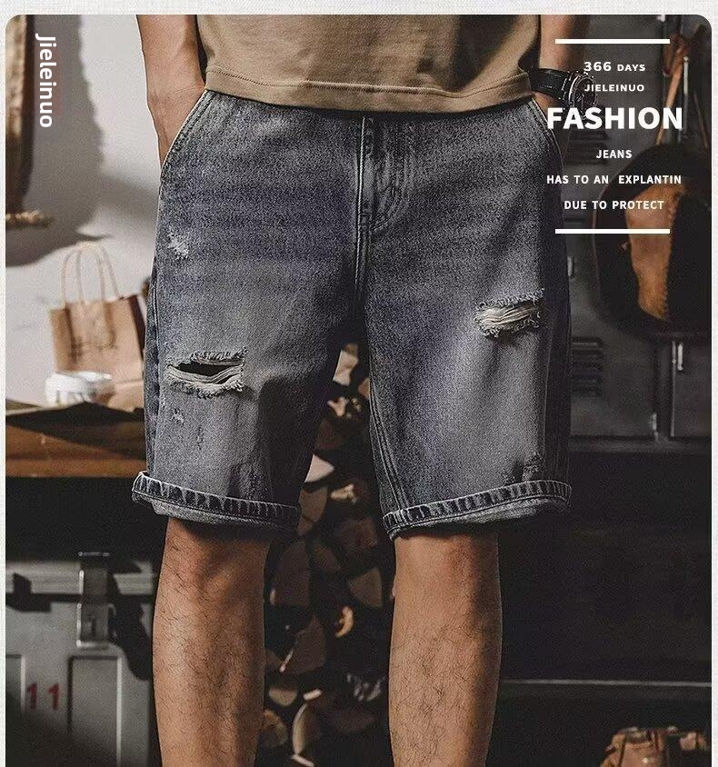 Men's Ripped Denim Shorts Trendy Brand Plus Size Loose Fit Straight Leg Five Point Summer Riding Breeches_mkmklike.com