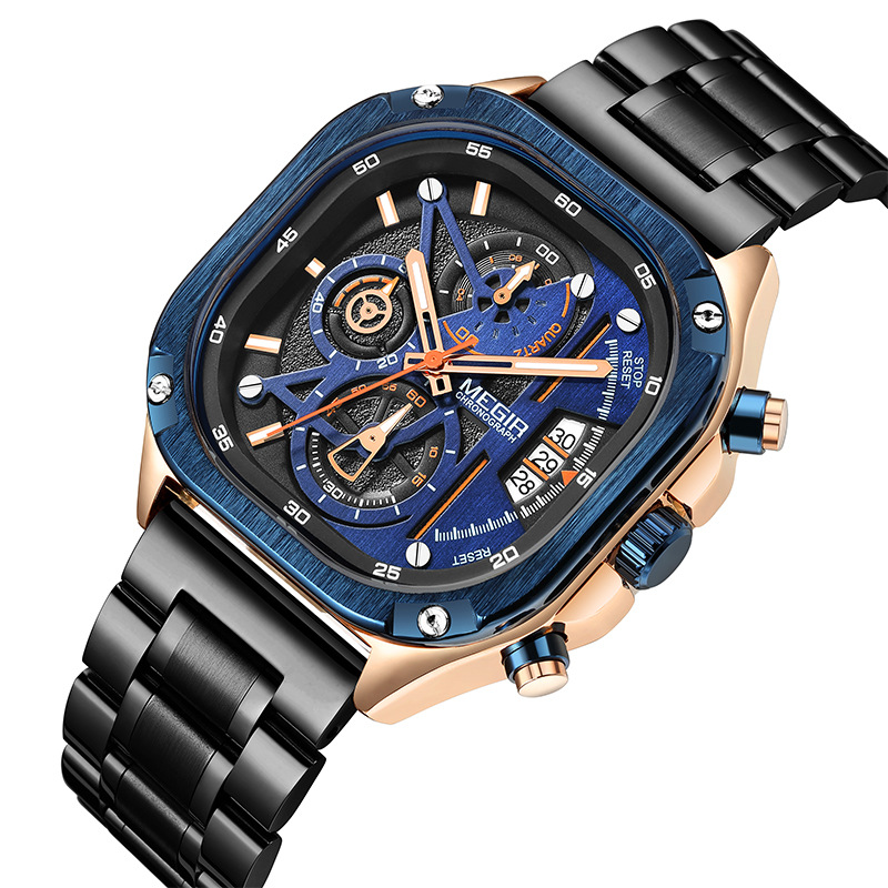 Herren-Chronograph mit Leuchtzeigern, Datumsanzeige, Edelstahlarmband und 6 Zeigern_voghion.com