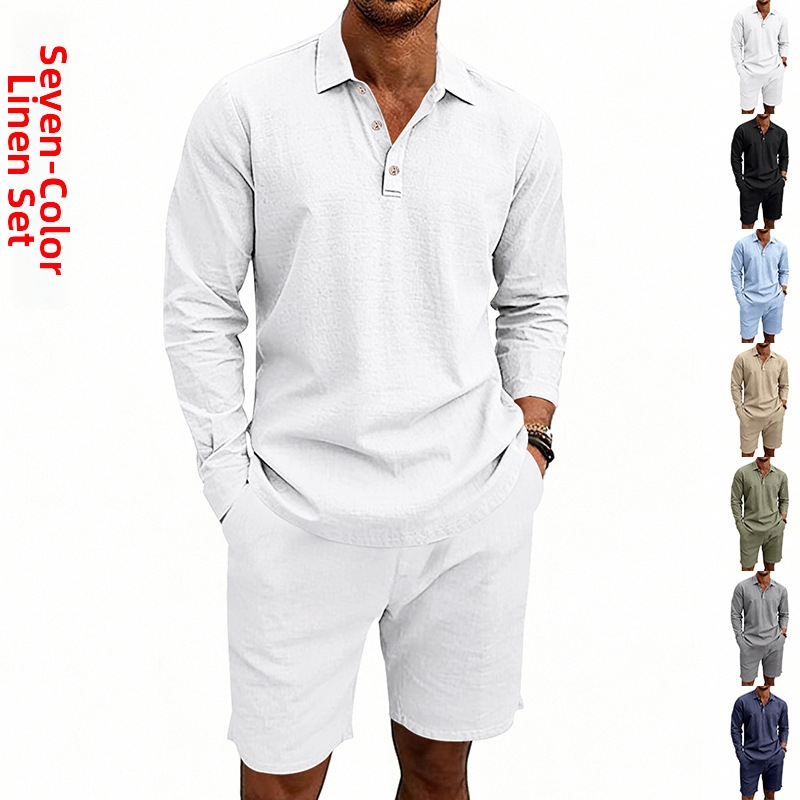 Polo homme en lin à col, manches longues, style européen/américain, idéal pour le printemps et l'été. Respirant et décontracté._voghion.com