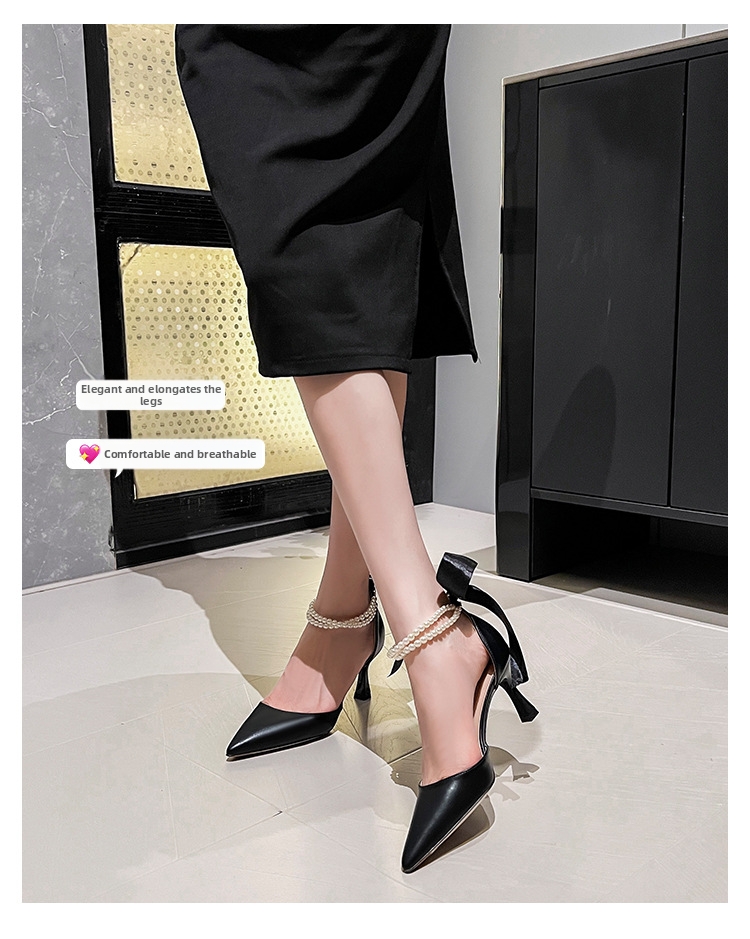 Women's French Style Elegant High Heels Pointed Toe Hollow Pearl Chain Bow Stiletto Pumps White Wedding Shoes Chunky Heel Plus Size_vogvips.com