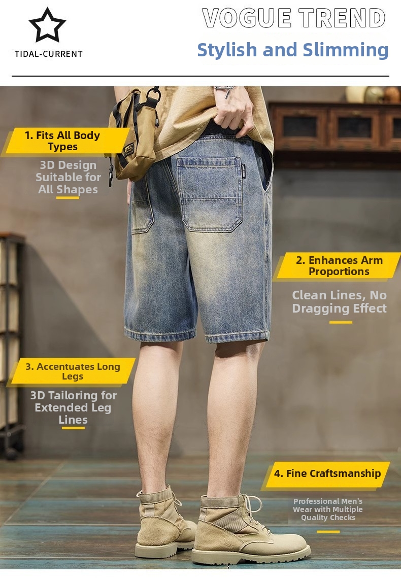 Men's Vintage Workwear Denim Shorts, Summer Lightweight Relaxed Fit Straight Leg Cargo Shorts 5-Pocket Design_mkmklike.com