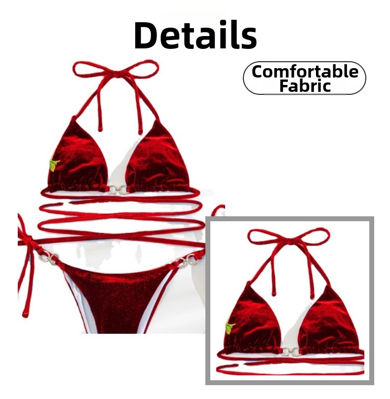 Women's Velvet Swimsuit Two-Piece Bikini Strap Backless Design Sporty Swimwear_ecoleips.com