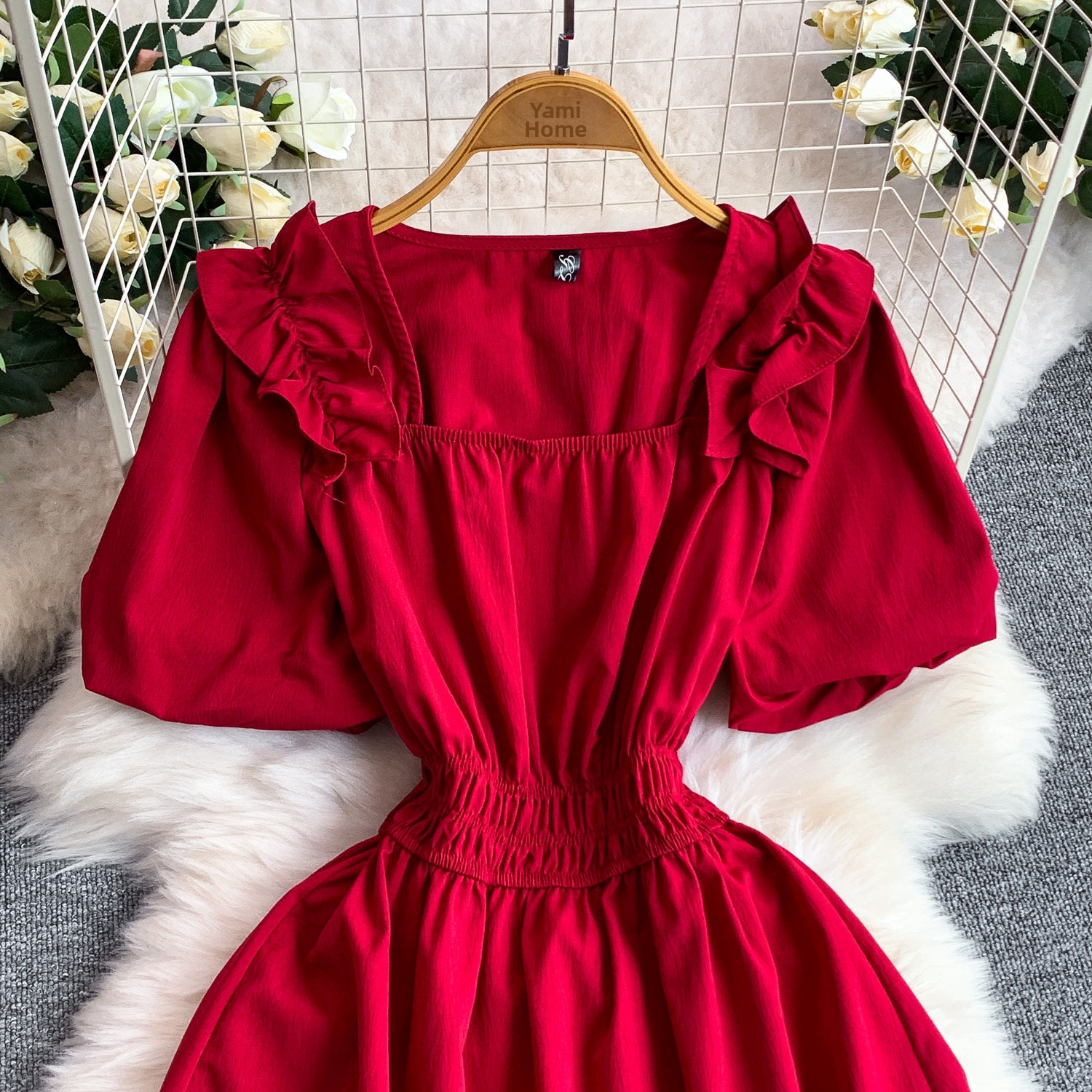 Women's French Retro Style Puff Sleeve Dress Square Neck High Waist Slimming A-Line Long Skirt Summer Gentle_ecoleips.com