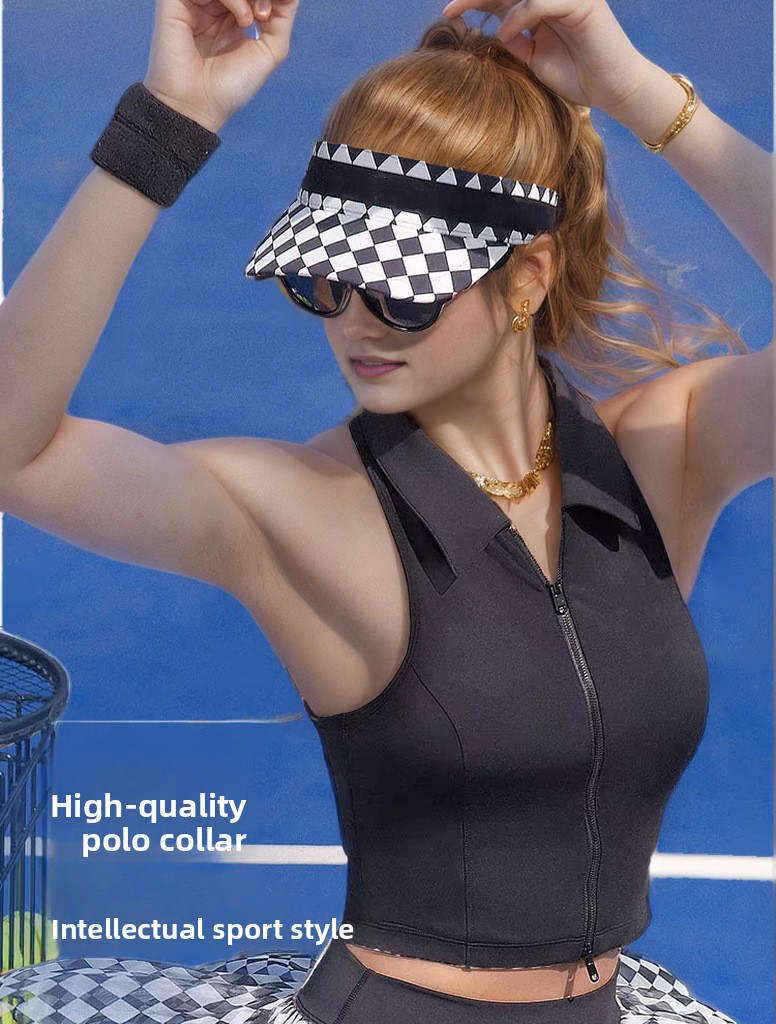 Women's sleeveless polo tennis top and checkered skirt detail