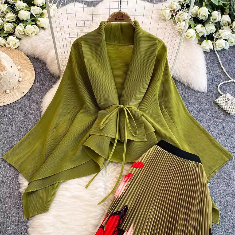 Women's Oversized Tie Waist Batwing Sleeve Pleated Top With High Waisted Printed Skirt Set American Style Loose Fit For Spring/Autumn Summer_ecoleips.com