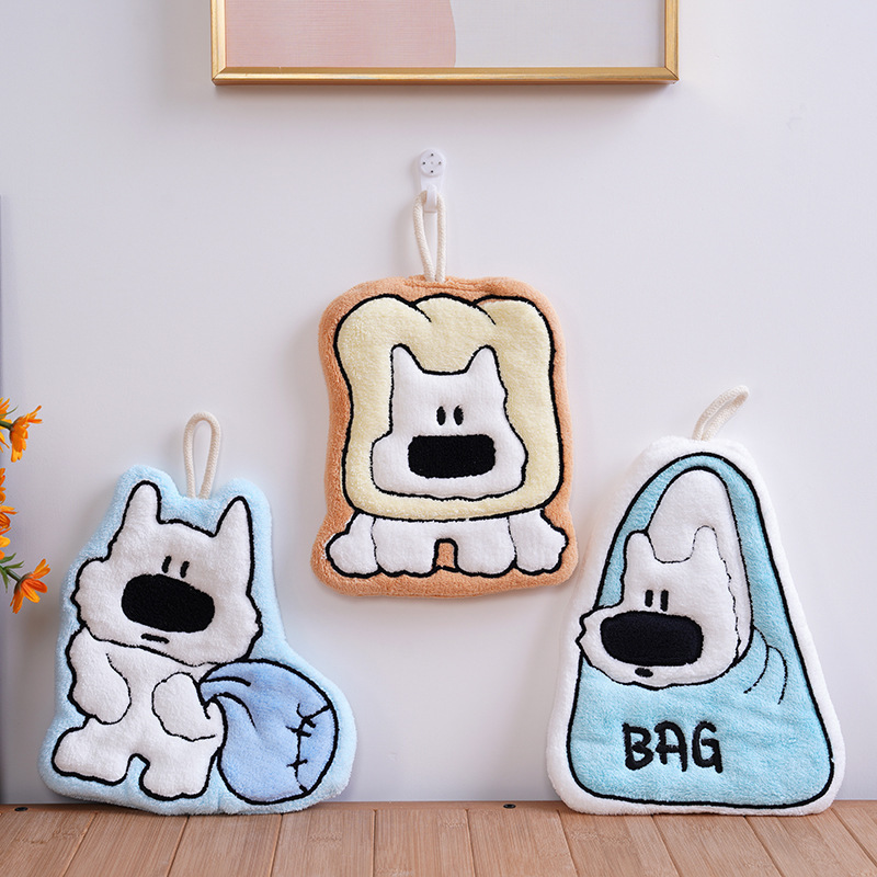 Cartoon Pocket Dog Hand Towel Coral Fleece Hanging Cute Kitchen Cloth Thickened Bathroom Household Absorbent Towel