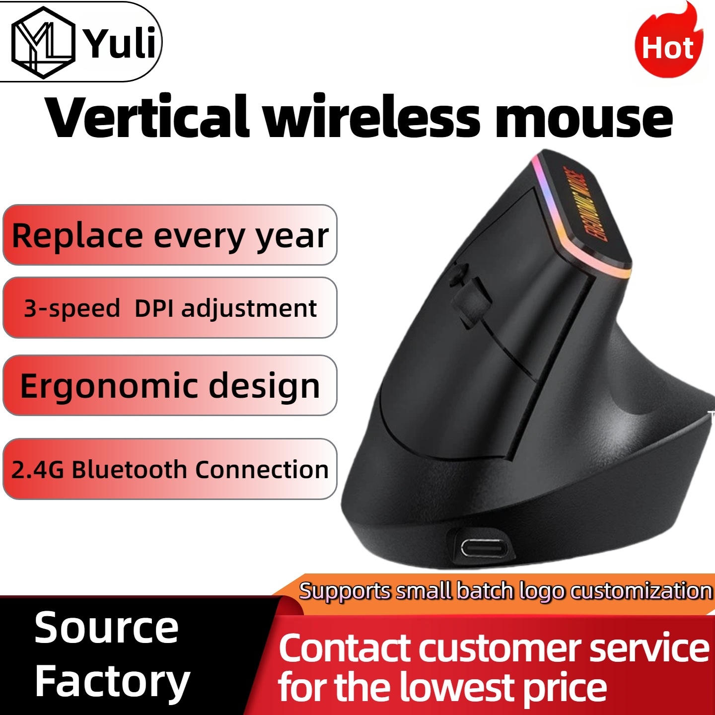 Vertical Wireless Mouse Ergonomic Design Bluetooth Dual Mode Rechargeable Silent For Office Use_voghion.com