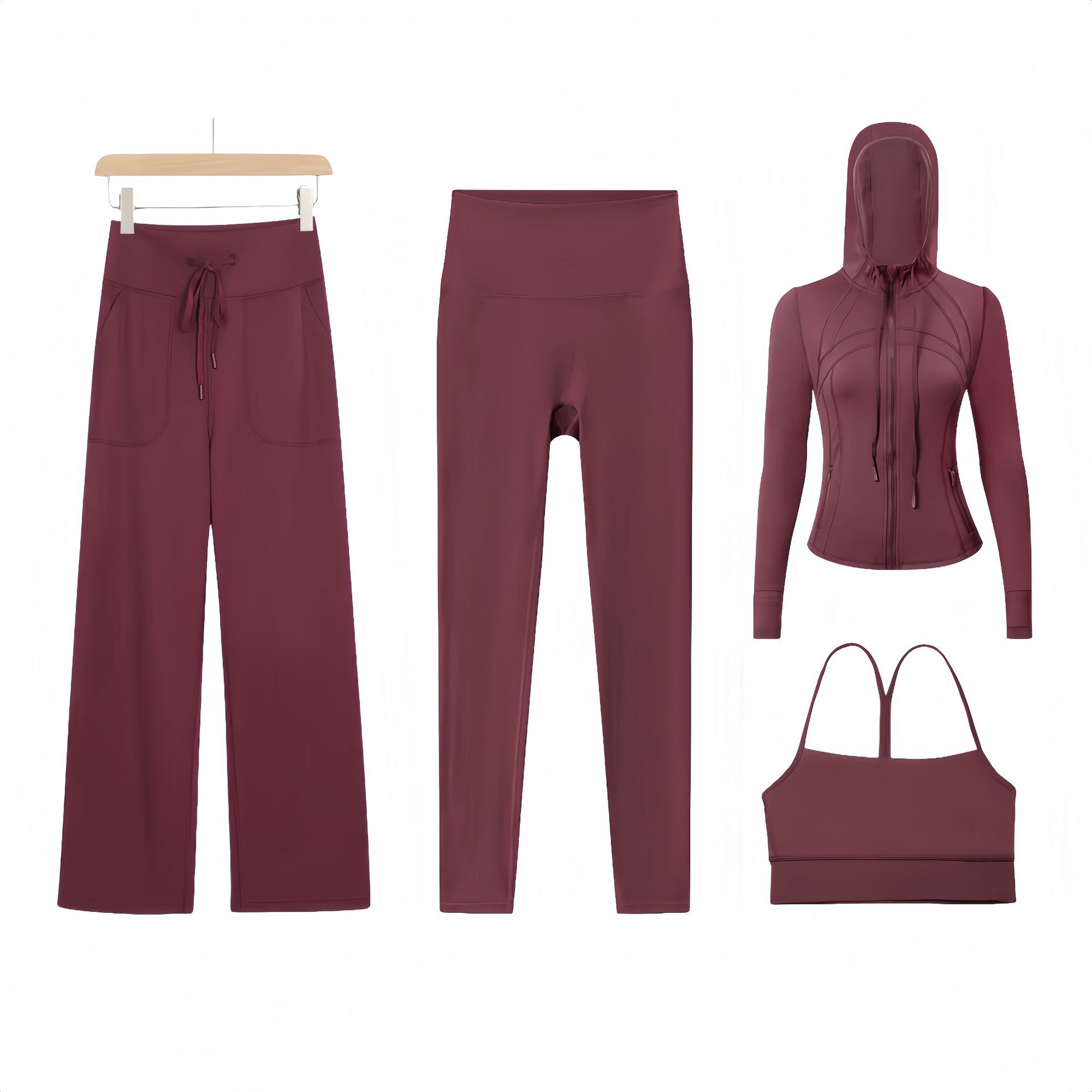 Women's Active Sets Y Shaped Vest Hooded Jacket And Pants Four Piece_voghion.com