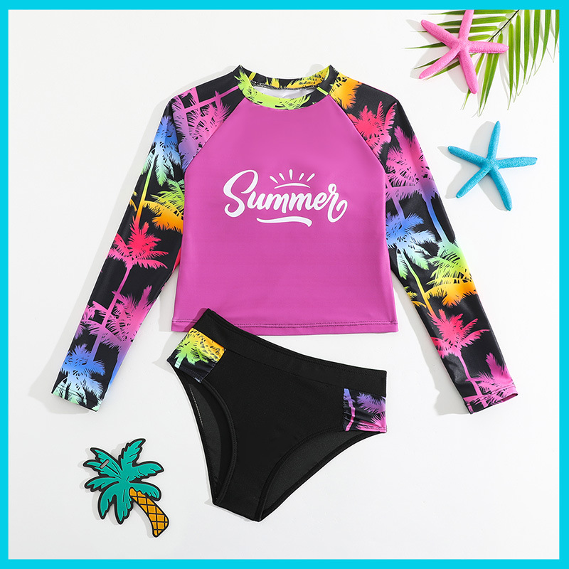 Girls' Two-Piece Swimsuit Set | Long Sleeve Rash Guard & Bottoms | UPF 50+ Sun Protection For Swimming Pool & Beach_voghion.com