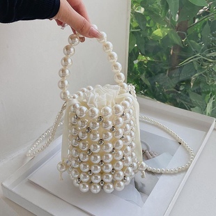 French Hollow Hand-Woven Beaded Pearl Bag Bucket Bag Bucket Bag Portable Fairy Bag Matching Skirt Bag