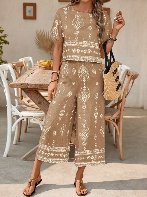 Damen Zweiteiler Set Mit Ethnischem Muster Kurzarm Elegant_voghion.com