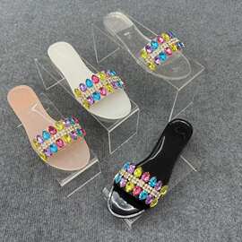 跨境女鞋大码方头透明水钻拖鞋春夏平底一字拖沙滩鞋Flat Sandals