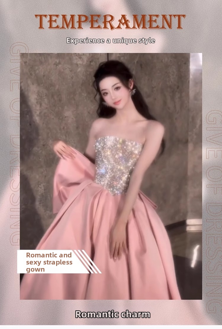 Pink Glitter Strapless Evening Dress New Style Princess Ball Gown For Student Vocal Music Exam Fairy Tale Banquet Wear_ecoleips.com