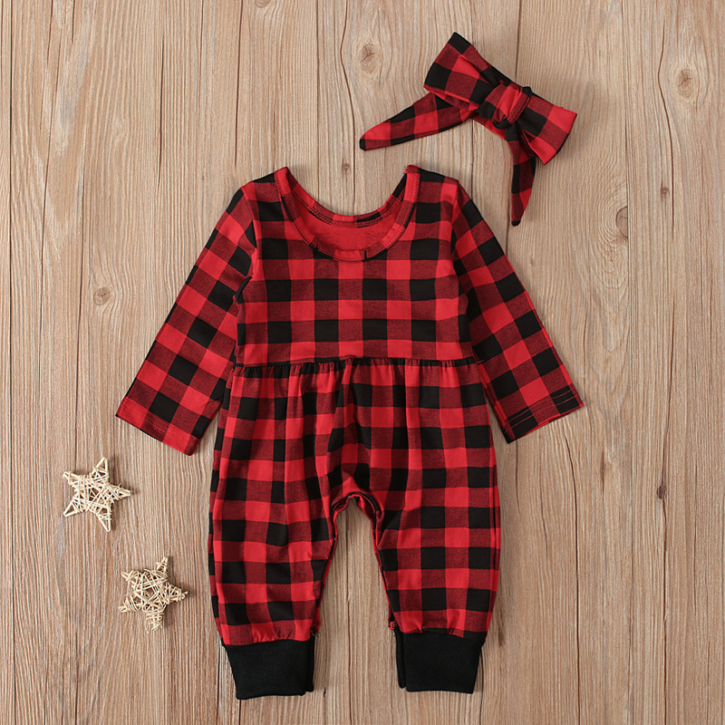 Mädchen karierter Jumpsuit mit langen Ärmeln und passendem Stirnband, 2-teiliges Set, Kinderkleidung im europäischen und amerikanischen Stil für Frühling und Herbst_voghion.com
