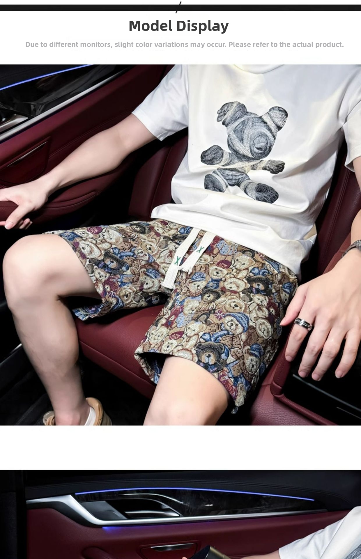 Men's Summer Bear Print Shorts Casual Sports Loose Fit Beach Pants Five Point Elastic Waist Drawstring_viptrois.com